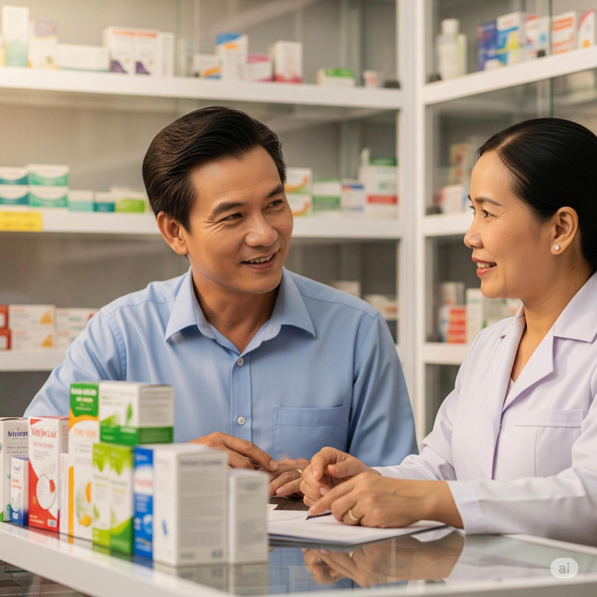 Một người đàn ông đang nhận tư vấn từ dược sĩ chuyên môn trước khi sử dụng thực phẩm chức năng tăng cường sinh lý.
